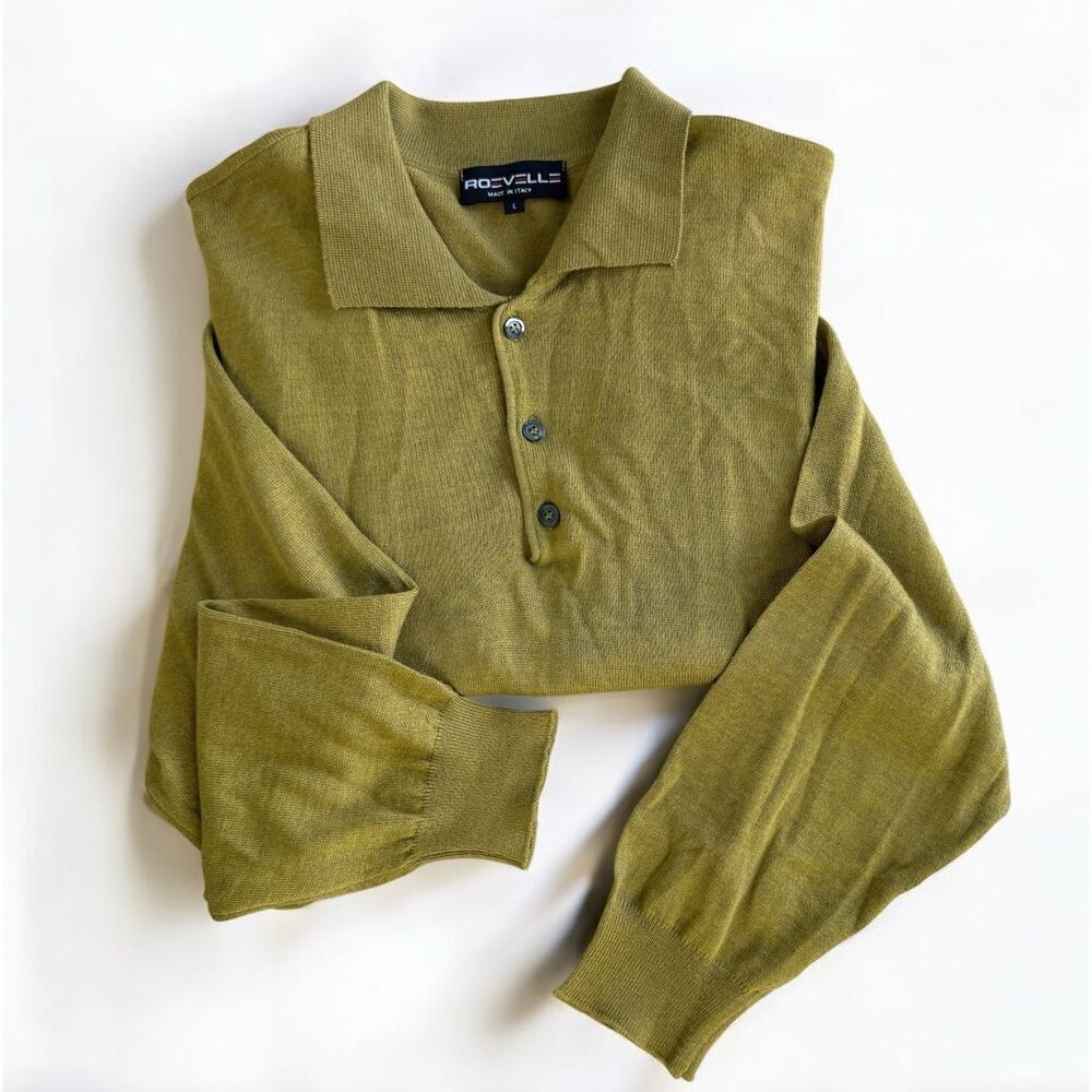 Roevelle VTG‎ 90s Three Button Polo Sweater L Lightweight Wool Moss Green Italy